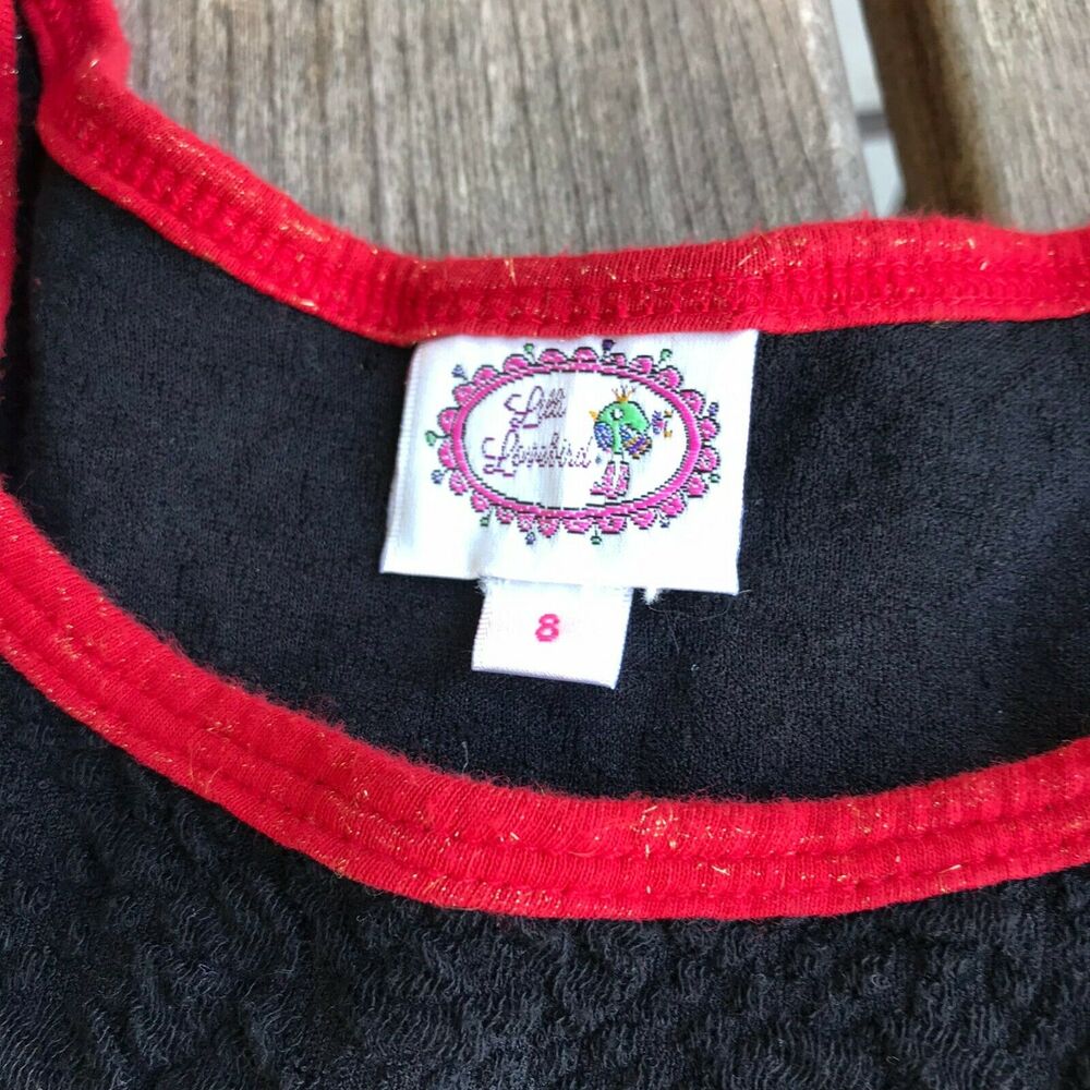Lilli Lovebird Girls Dress Sz 8 Black Red Gold Gray Twirly Handkerchief Hem Knit - Picture 2 of 6